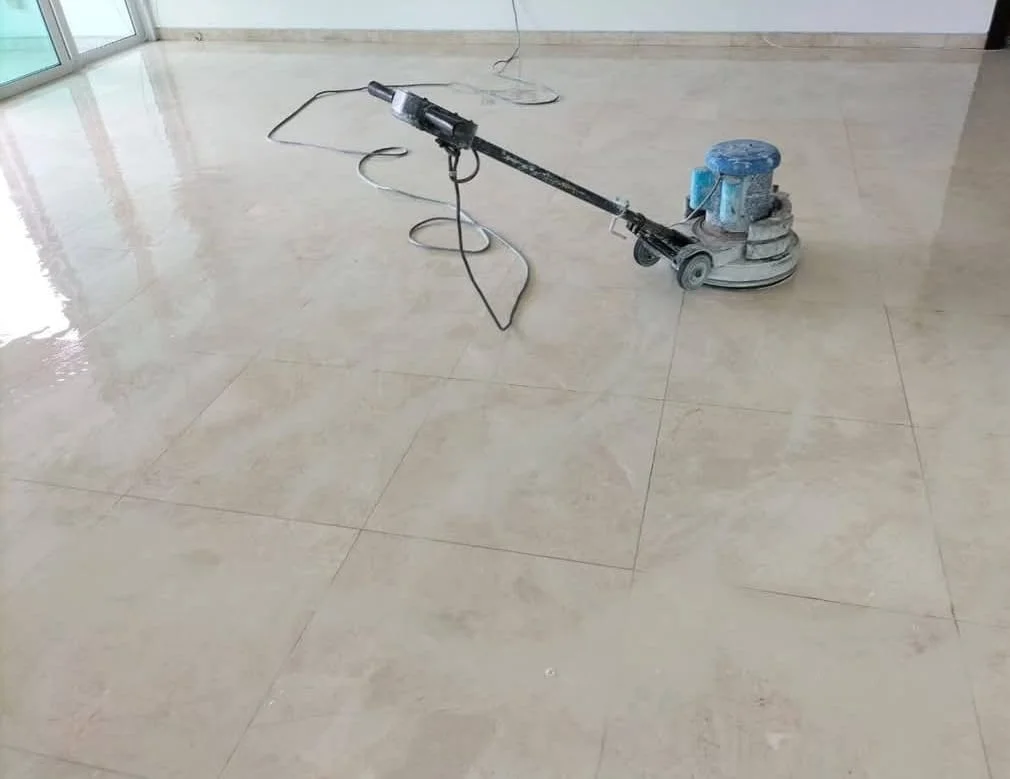 Beige Marble Floor Blue Buffer Machine