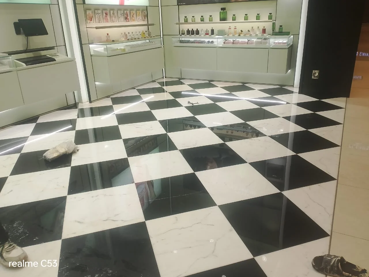 Checkerboard marble boutique floor