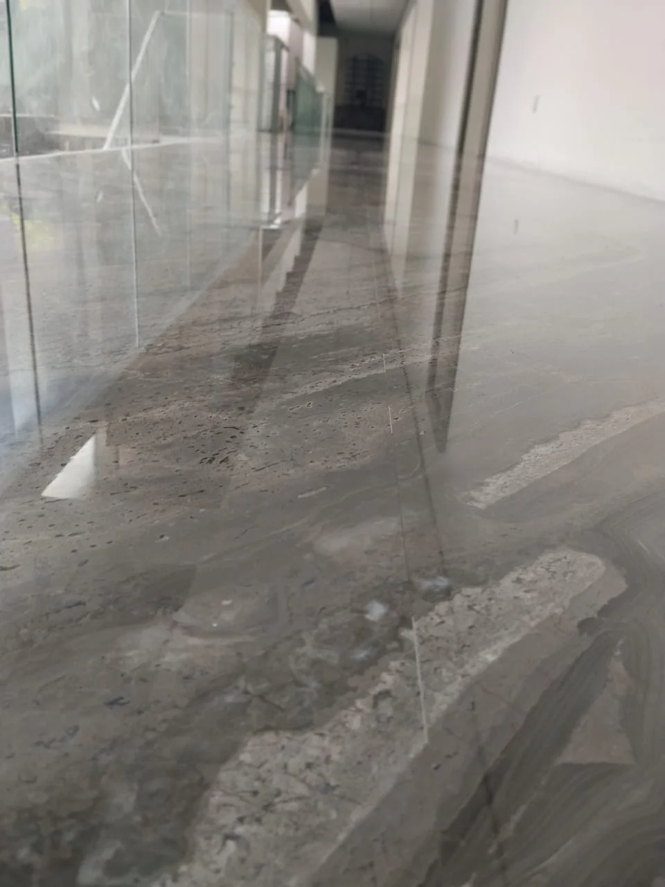 Grey Marble Corridor Glass Railing Shine