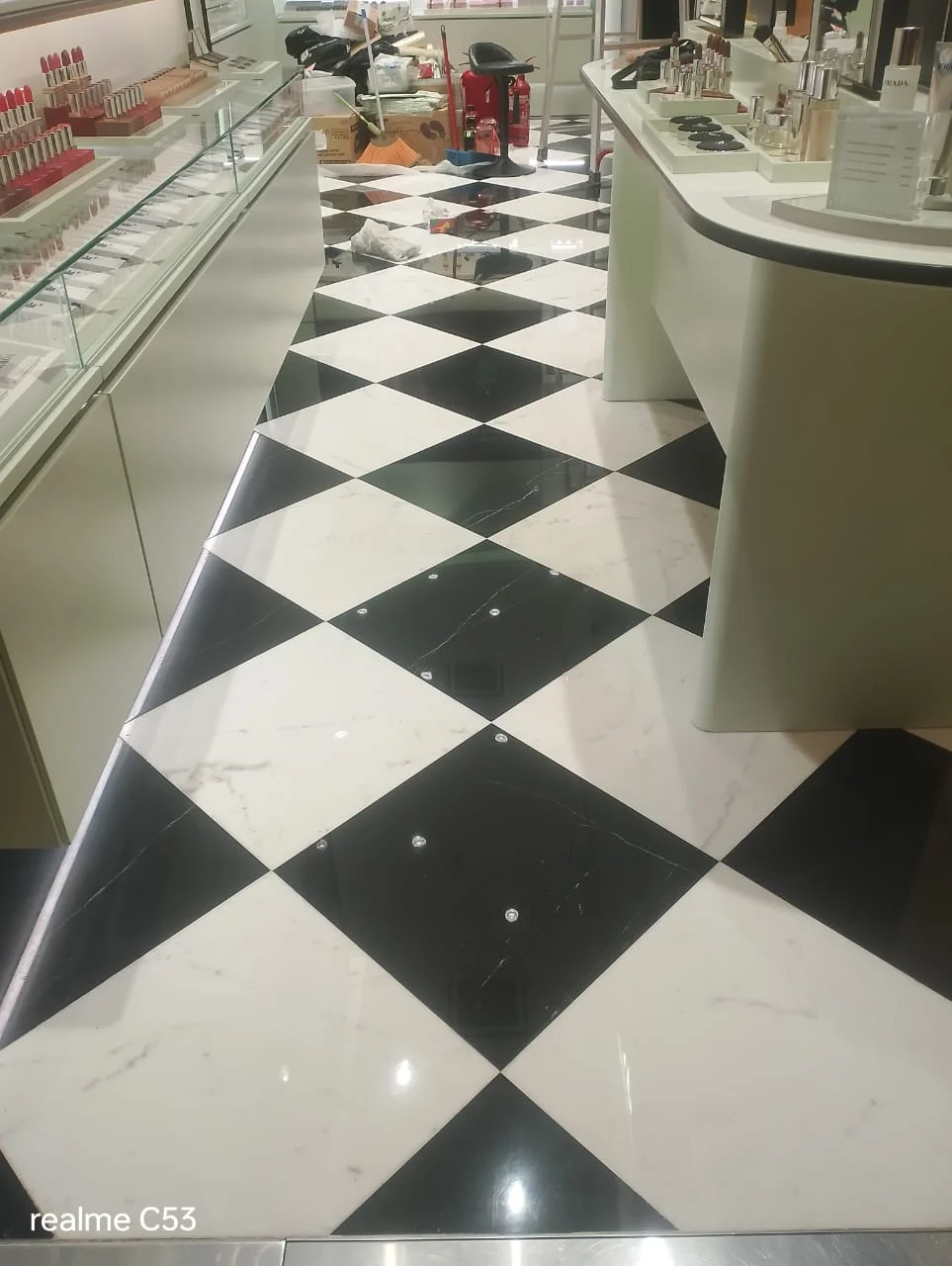 Retail Checkerboard Marble Floor Cosmetics