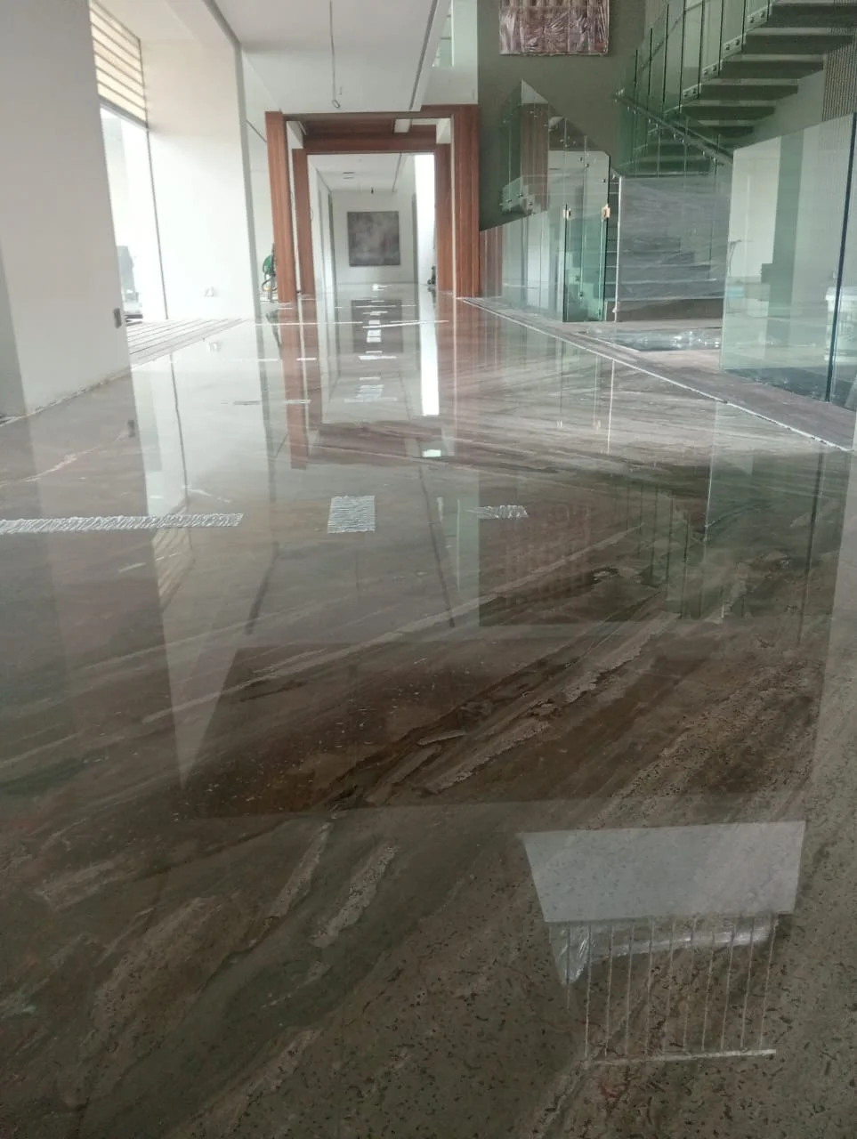 Tan Marble Hallway Staircase Reflection
