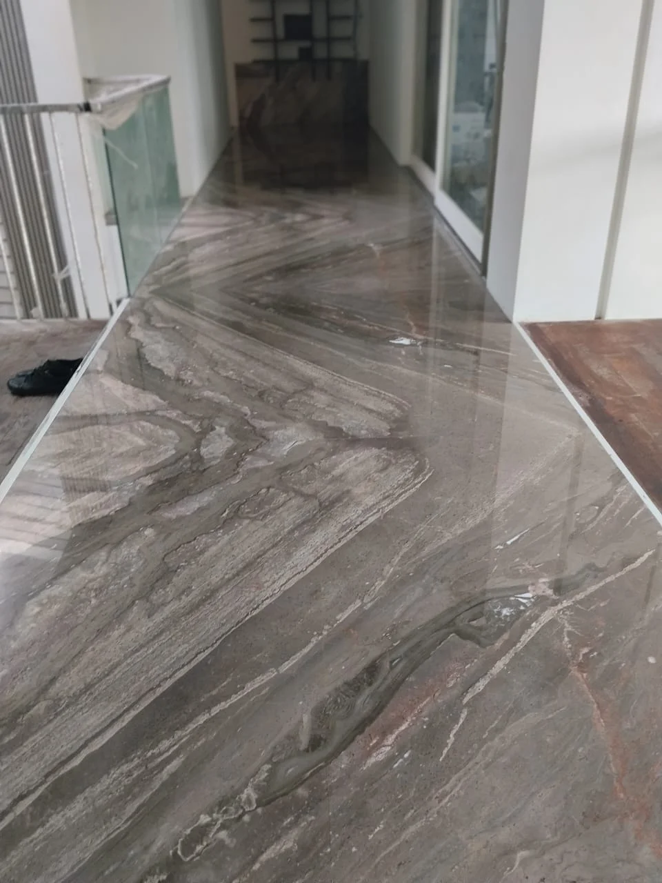 Veined Marble Corridor Glass Railing