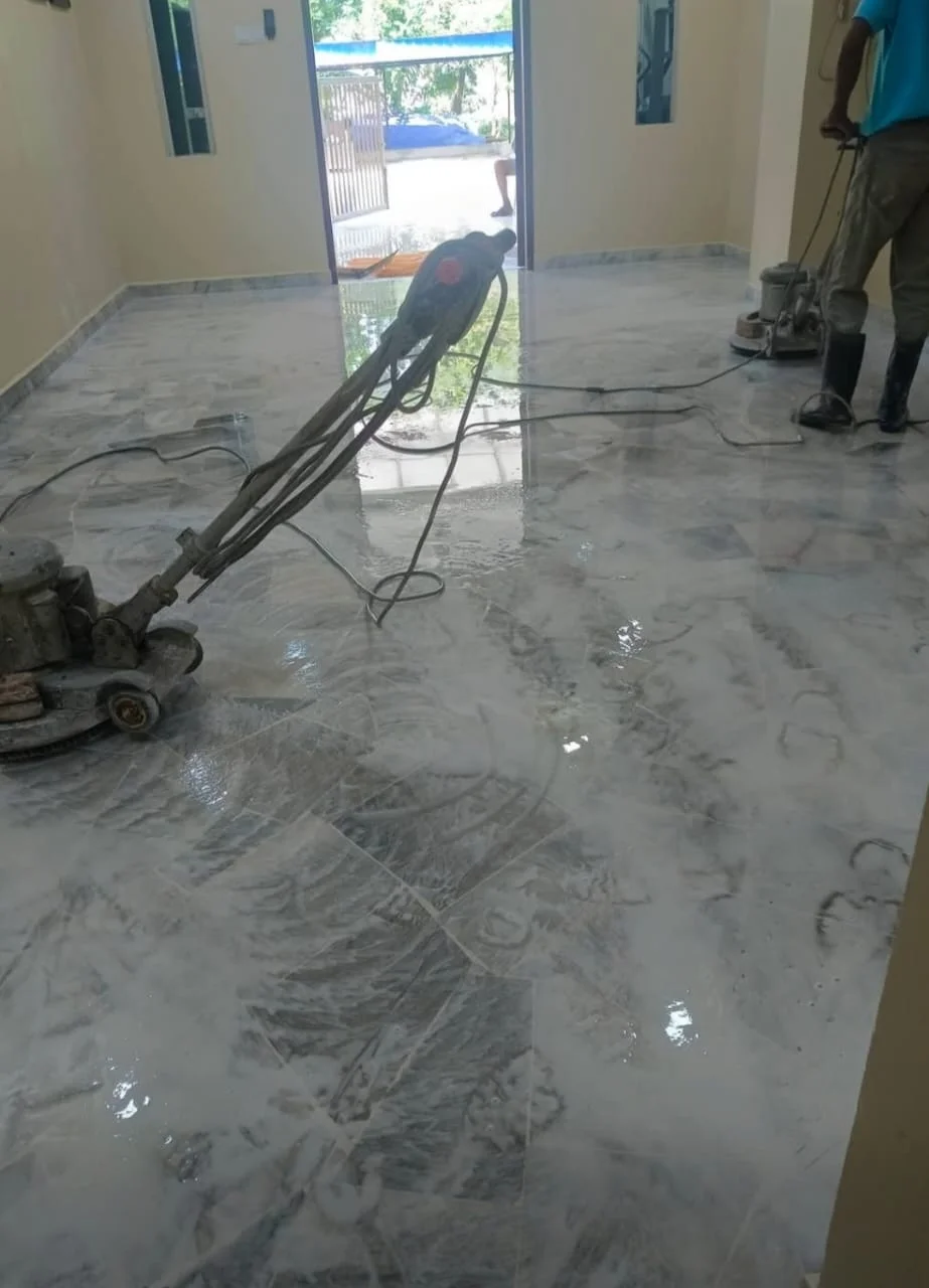 Marble floor polishing in progress