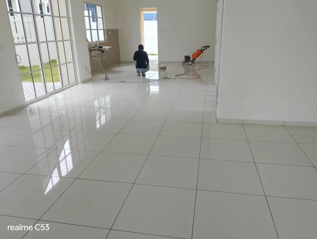 White Tile Floor Polisher Worker